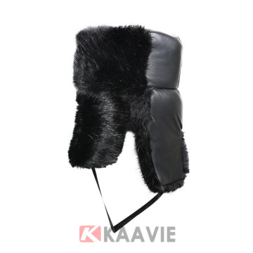 winter black leather earflap trapper hat with fur