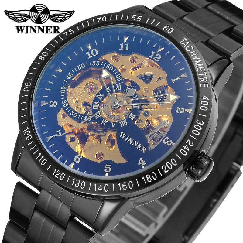 WINNER 8085 Blue Glass Water Resistant Skeleton Mechanical Sport Wrist Luxury Men Watches from China