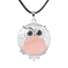 Rose Quartz 24mm Beads Silver Owl Pendant Necklace 45cm Black Cord