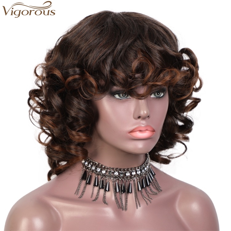 Vigorous Short Curly Wig With Bangs For Black Women Mixed Black And Brown Glueless Party Wig Synthetic Heat Resistant Hair Wig