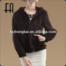 Factory direct wholesale price mink knitted fur jacket with hood zipper front