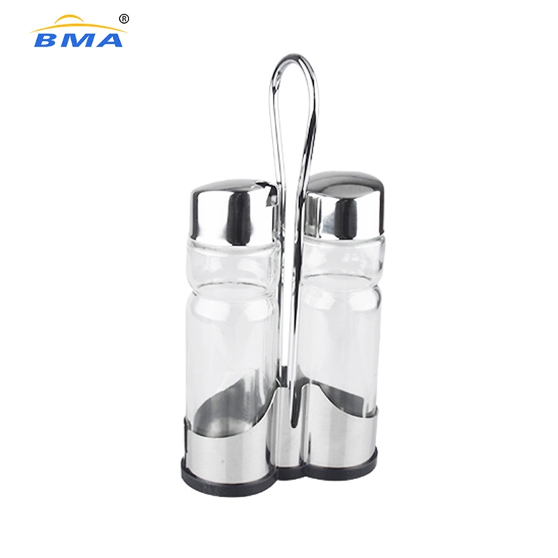 Bma Factory Olive Oil and Vinegar Salt and Pepper Dispenser Set Cruet Set Glass Bottle with Stainless Steel Holder