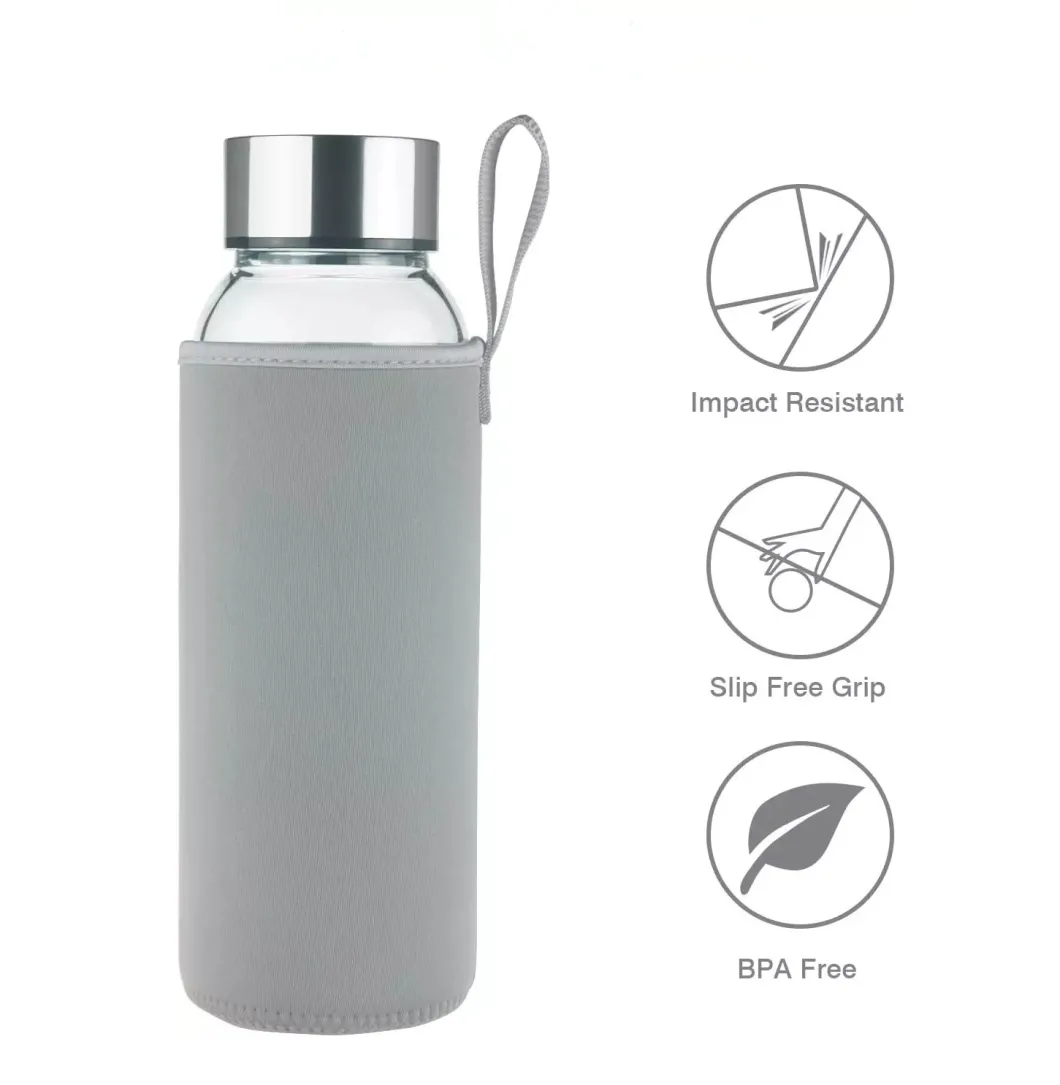 18 Oz Borosilicate Glass Water Bottle with Nylon Bottle Protection Sleeves and Stainless Steel Lid Time Marked Measurements for to-Go Travel at Home Reusable