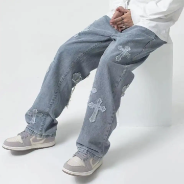 High Quality Custom Embroidered Jeans Fashion Street Hip Hop Mid Rise Baggy Jeans Trousers Men's Denim Pants