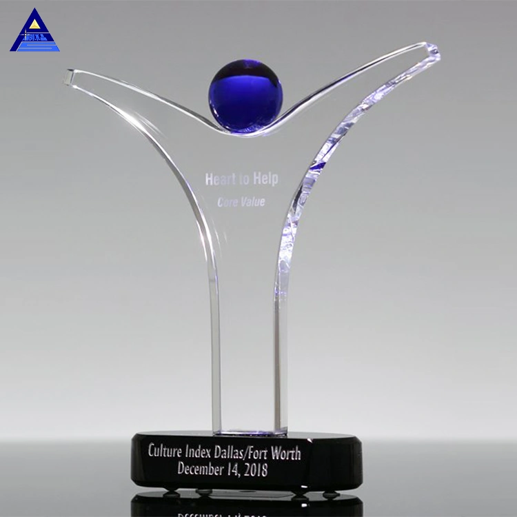 Human Award Glass Blue World Earth Metal Man with Crystal Globe Trophy