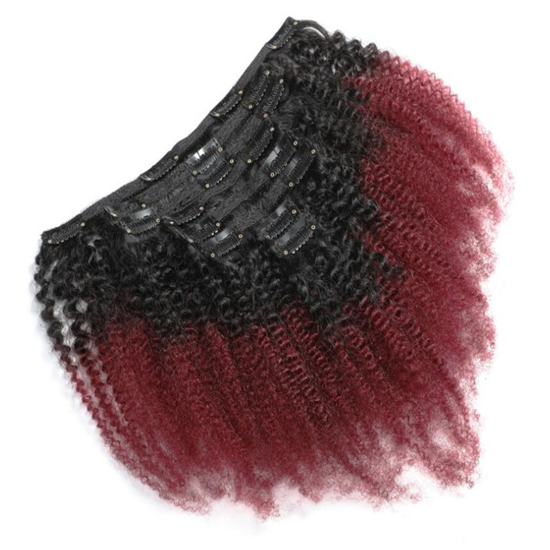 the popular colored  afro clip in hair extensions,120g/set 8pcs  1b/99j color afro kinky curl clip in natural hair extensions