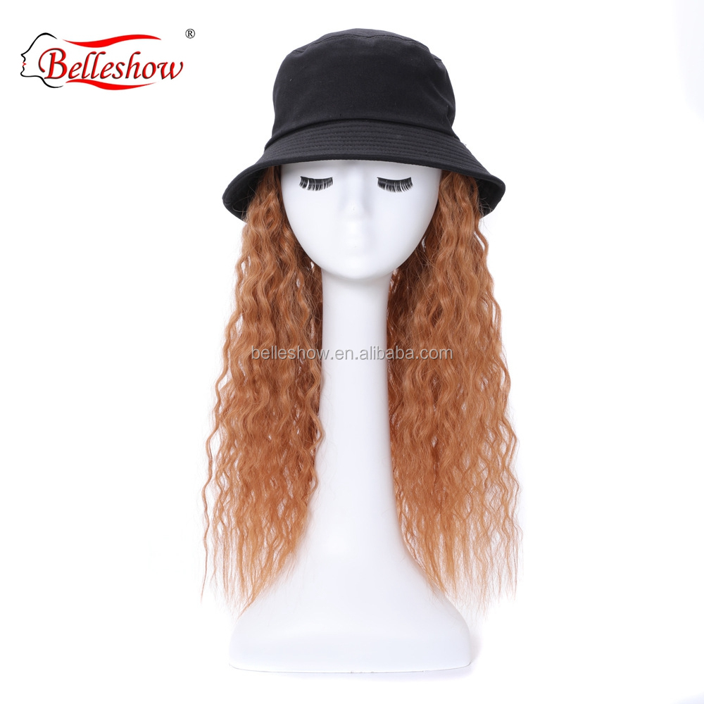 Hot sell fisherman's hat wig wool ring light brown long curly hat wig head set real hair mix black hat human and synthetic hair