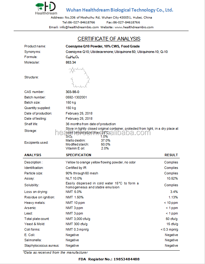 China Factory Supply Water Soluble Raw Material Coenzyme Q10 bulk