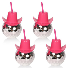 Unbreakable Silver Plastic Disco Ball Cup with Straw and Lid - Cowboy Sippy Cup for Parties