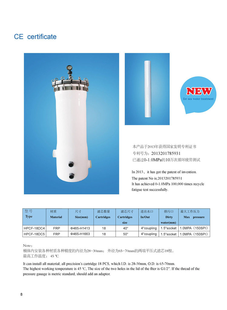 Sea Water Filtering 5elements Cartridges Filter PVC Housing Plastic