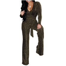 Women Casual Sexy V Neck Sparkly Jumpsuits