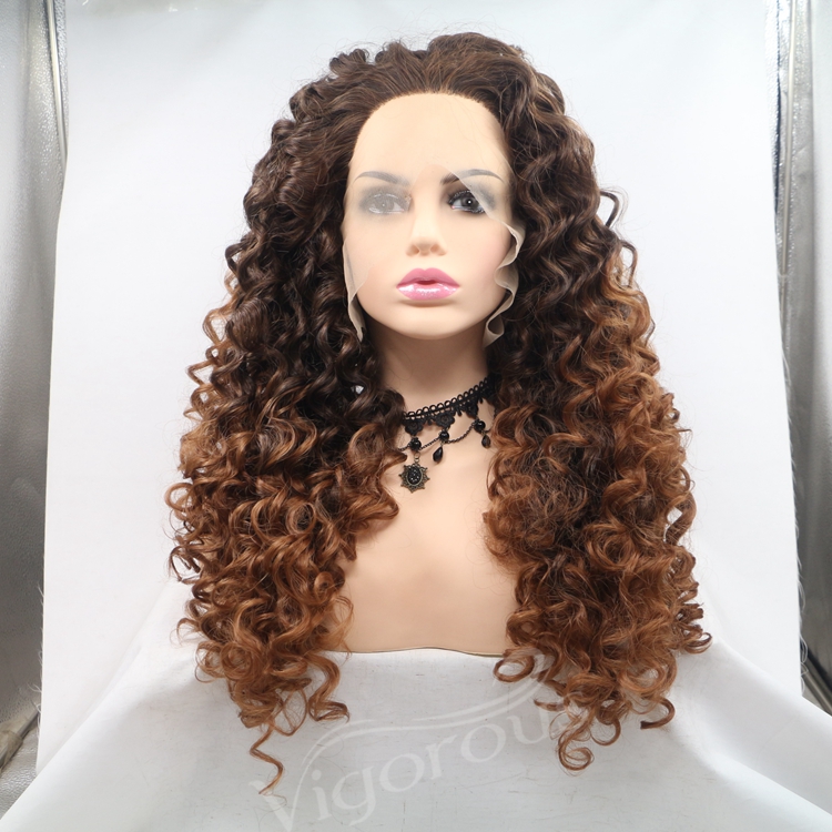 Long afro kinky curly ombre cheap wholesale high quality heat resistant synthetic wig with lace front