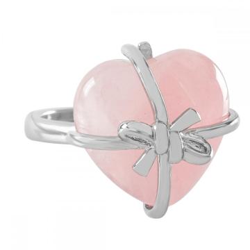 Gemstone Crystal Heart Ring Natural Stone Heart Bowknot Wedding Ring for Women Silver Plated Copper Adjustable Rings