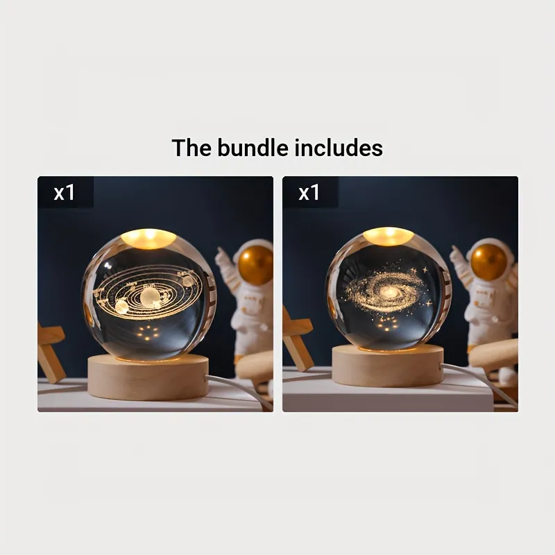 Star Planet Crystal Ball Night Light with LED Wooden Base Lamp