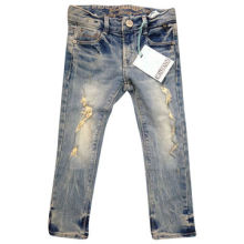Girls' fashionable jeans with embroidered inside waist aging wash + destroy effect