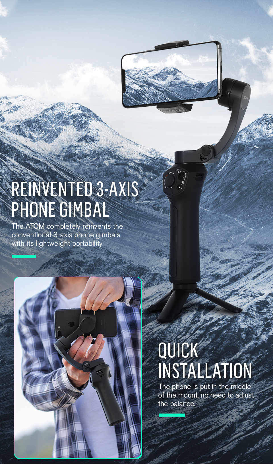 Hot Sale Snoppa Atom Pocket Sized 3 Axis Phone Handheld Gimbal Camera Stabilizer for iPhone Android Smartphone