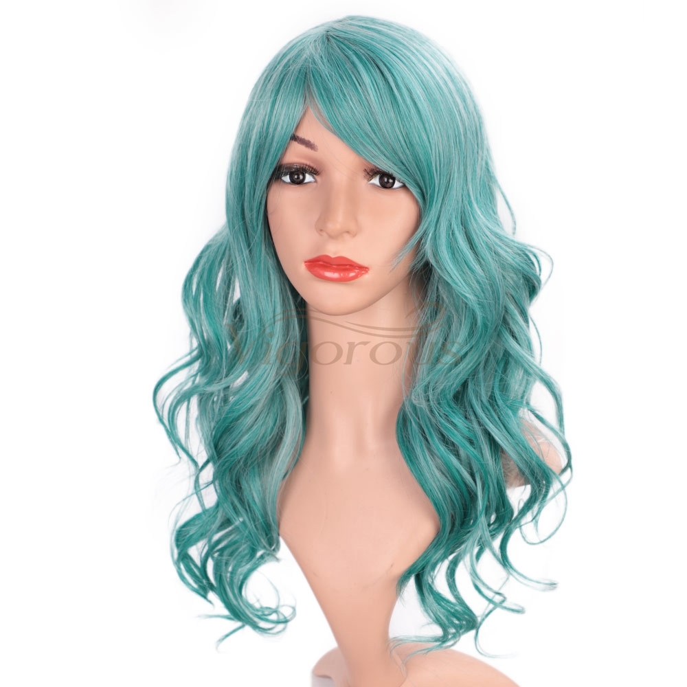 Vigorous Long Curly Lake Blue Wig for Cosplay Girls Women Heat Resistant Fiber Synthetic Hair Party Cosplay Wigs