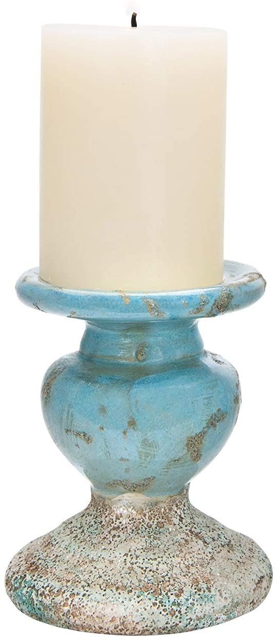छोटे व्यथित नीले टेराकोटा स्तंभ मोमबत्ती धारक