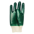 Groene PVC gladde afwerking. Industriële handschoenen gebreide pols