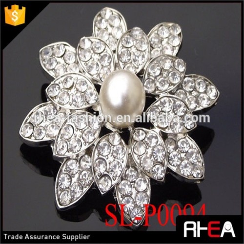 Silver White Pearl Rhinestones flower Brooch