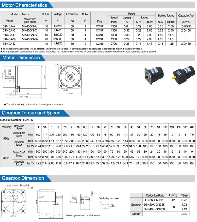 120V 40W Small AC Gear Motors with Speed Controller