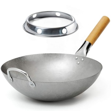 High Quality Chinese Hammered Carbon Steel Cooking Wok with Stainless Steel Wok Rack
