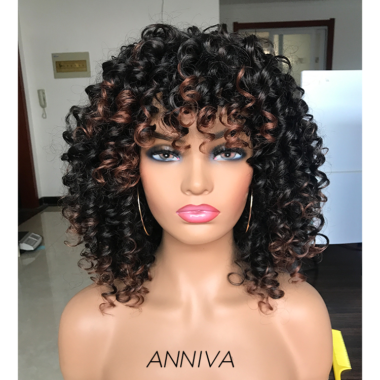 Wholesale Cheap Vendor Afro Kinky Curly wigs With Bangs For Black Women Loose Wave Short Bob Wig Synthetic hair wig