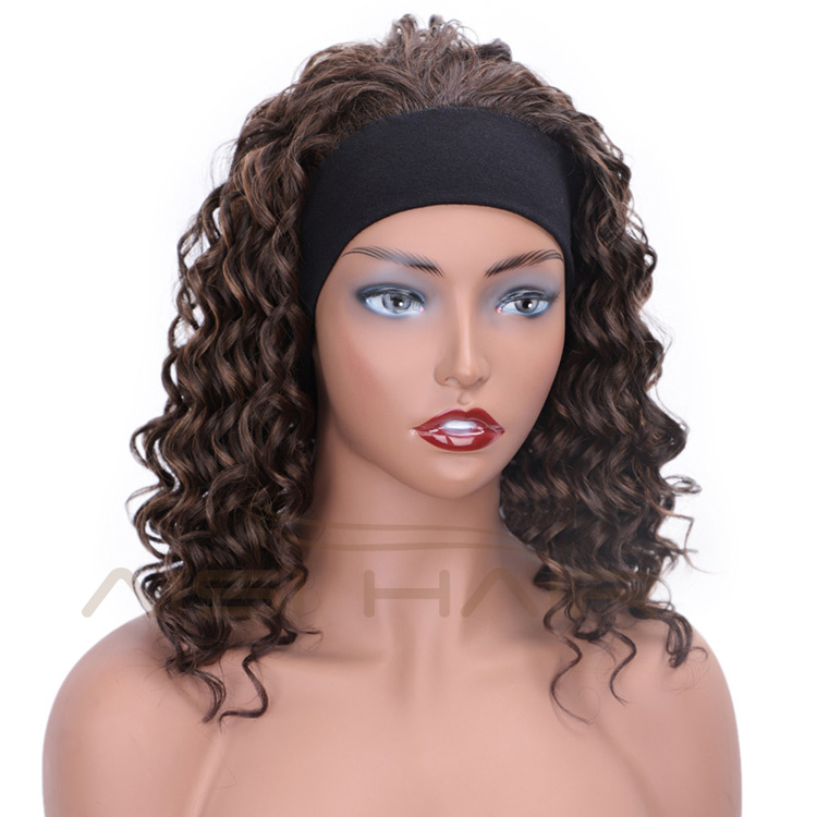 Aisi Hair Afro Curly High Temperature Fiber Synthetic Wigs with Headband Mixed Brown Color Short Curly Wigs for Black Women