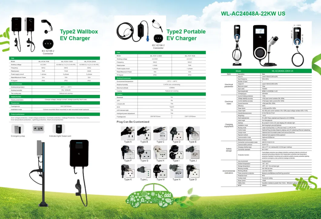 Home Type 2 OEM ODM 11KW 22kW Cargador de Wallbox EV portátil