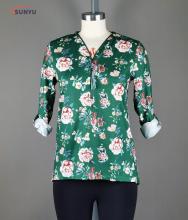 ladie's flower printed long T-shirt sleev v-neck