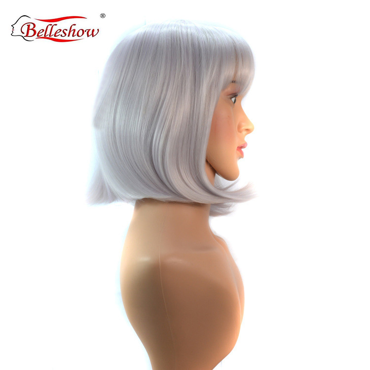Hot sell wholesale bob wig style synthetic fiber hair bobo head student head lady silver white wig head set wigs