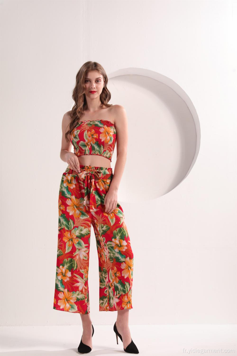 Pantalon large taille haute à imprimé floral pour femme