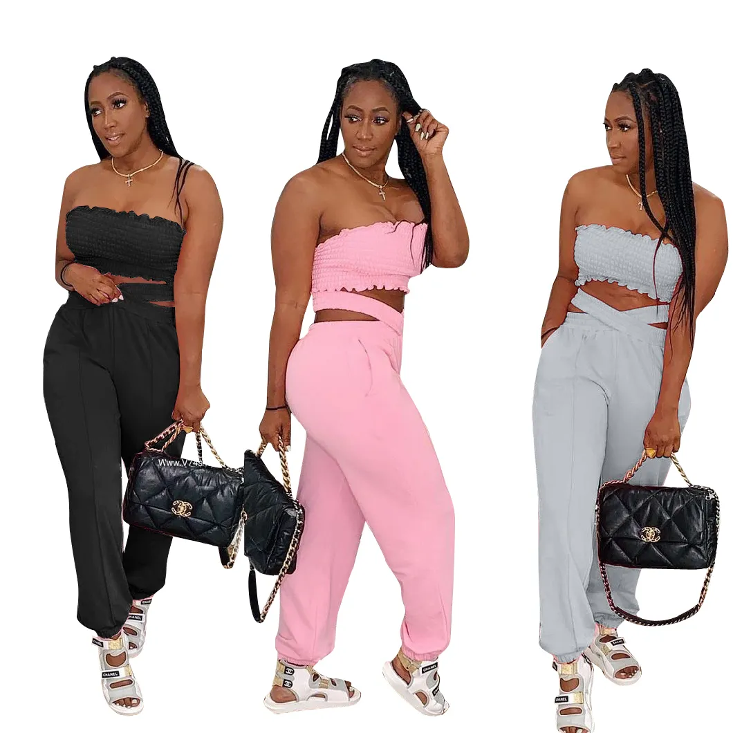 L285309 Summer Casual Women's Clothing 2-Piece Set Fashion Sexy Tube Top and Cross Trousers with Pockets