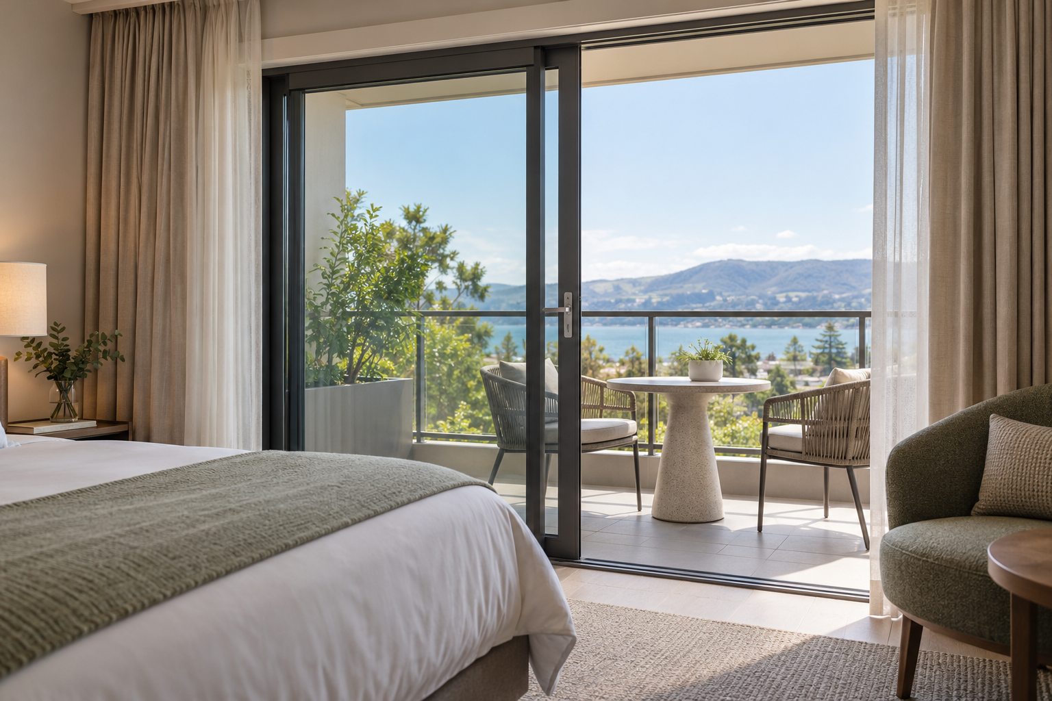 Hotel balcony opening with a separate sliding glazed exterior door Illustrative hotel guest room with framed sliding glass door opening to a private balcony