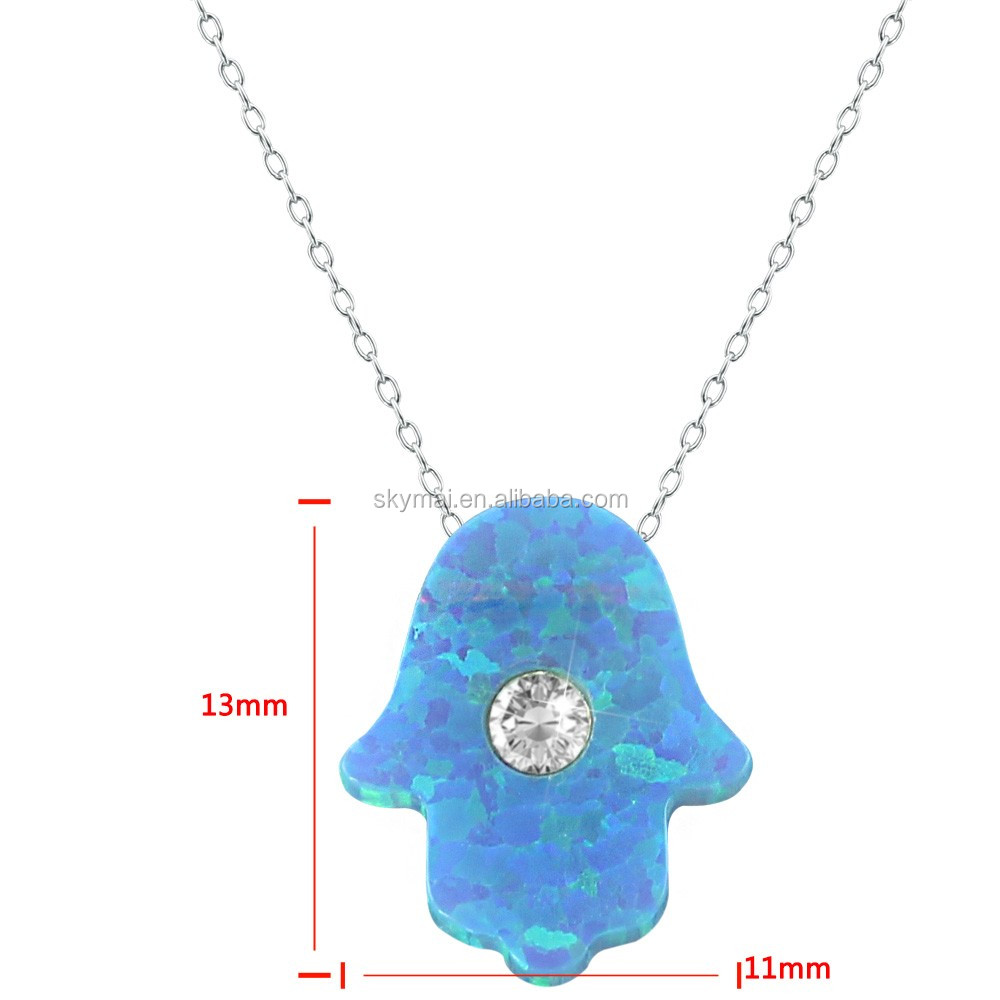 Hot sale opal blue hamsa hand pendant jewelry,925 sterling silver stone turkish Israel necklace