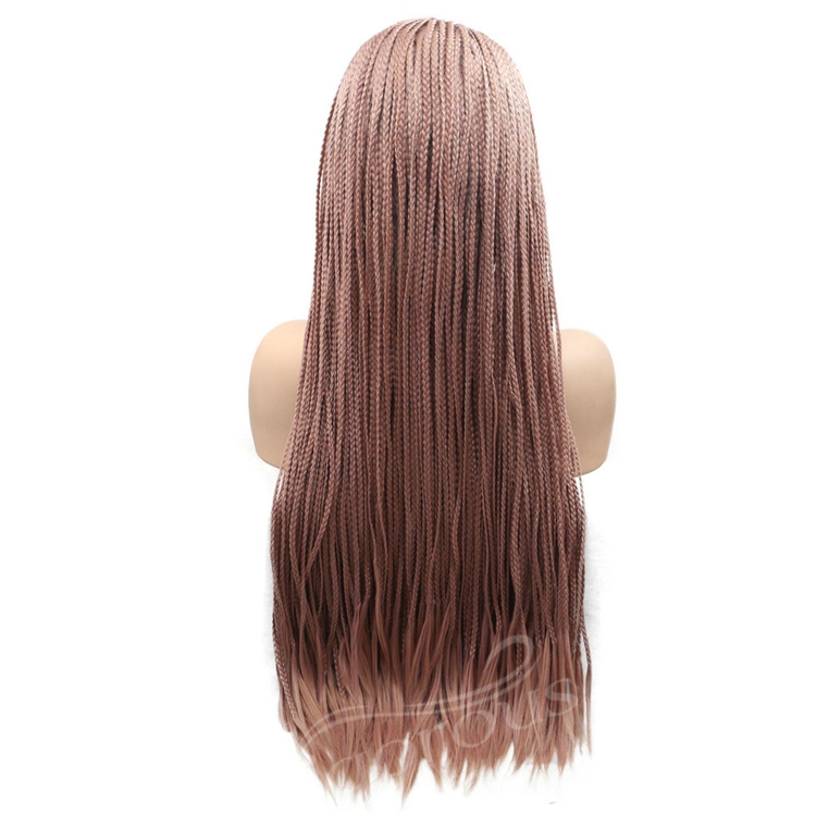 Long straight brown cheap wholesale high quality heat resistant synthetic braided wig with lace front