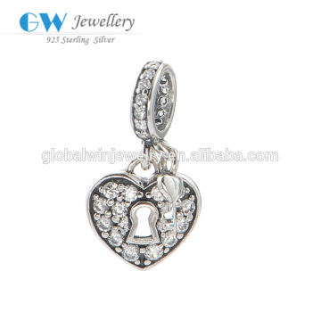 925 Silver Dangle Crystal Rhinestone Heart Charm Wedding Charm