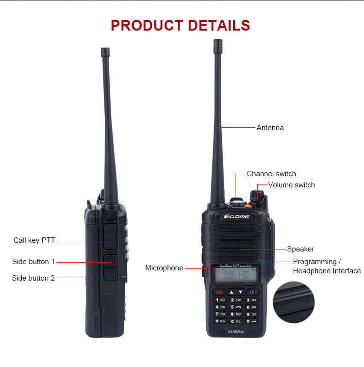 largo rango Ecome ET-300 Ham Radio Dual Band Dual Band IP67 Water Walkie Talkie