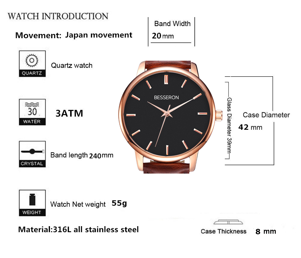 High Quality Watch Manufacturer Fashion Quartz Movement Wrist Brown Branded Watch Men Leather Wristwatches Leather