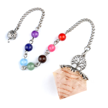 Rose Quartz Chip Stone Resin Silver Diamonds Pendant & Pendulum 7 Chakra Chain
