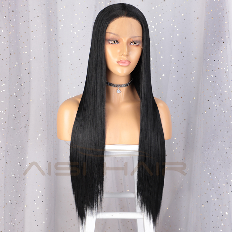 Aisi Hair New Design Long Silky Straight Black Wig Middle Part Swiss Lace Wig Synthetic Hair Lace Frontal Wigs For Black Women