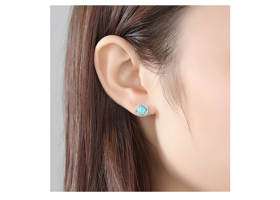 Round Treasure Blue Opal Gemstone CZ S925 Silver Stud Earrings