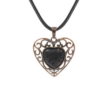 Lava Stone 15MM Cabs Antique Bronze Alloy Heart PendantNecklace 45cm Black Cord