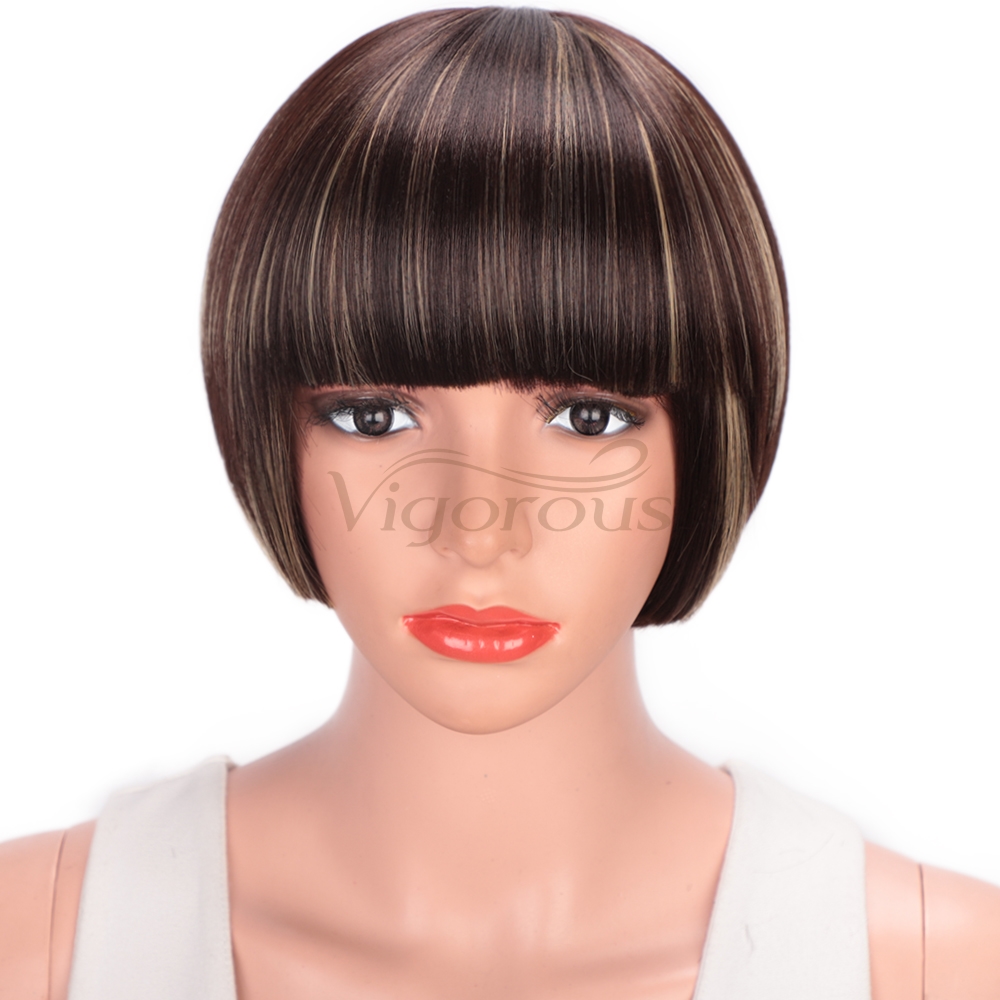 Vigorous Hair Short Straight Hair Bob Wig with Flat Bangs Heat Resistant Synthetic Daily Party Cosplay Wigs for Women