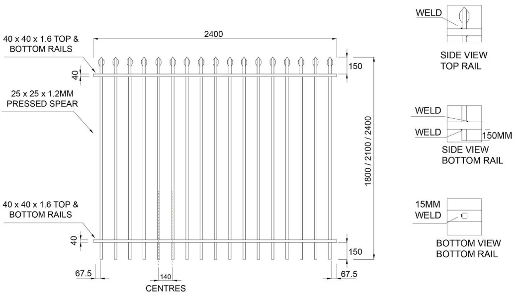 Heavy Duty 5 FT. H X 8 FT. W Black Metal Garden Fence Panel