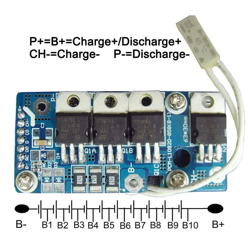 10s C: 5A D: 20A PCM BMS for 36V 37V Li-ion/Lithium/ Li-Polymer 30V 32V LiFePO4 Battery Pack with E-Bike Battery Size: L63*W30*T18mm (PCM-L10S20-858)