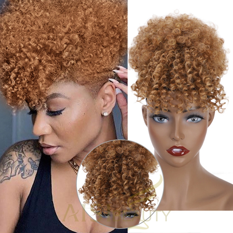 Aisi Beauty Popular New Design Wholesale Afro Fluffy Puff Brown Hairpiece Extension With Bangs Curly Afro Kinky Afro Hair Bun