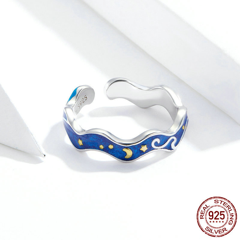 925 fashion Van Gogh Milky Way sky galaxy ring adjustable sterling silver open women ring wholesale