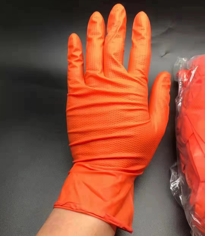 Safety Orange Pure Nitrile Gloves China Diamond Pattern Waterproof Comfortable Orange Gloves