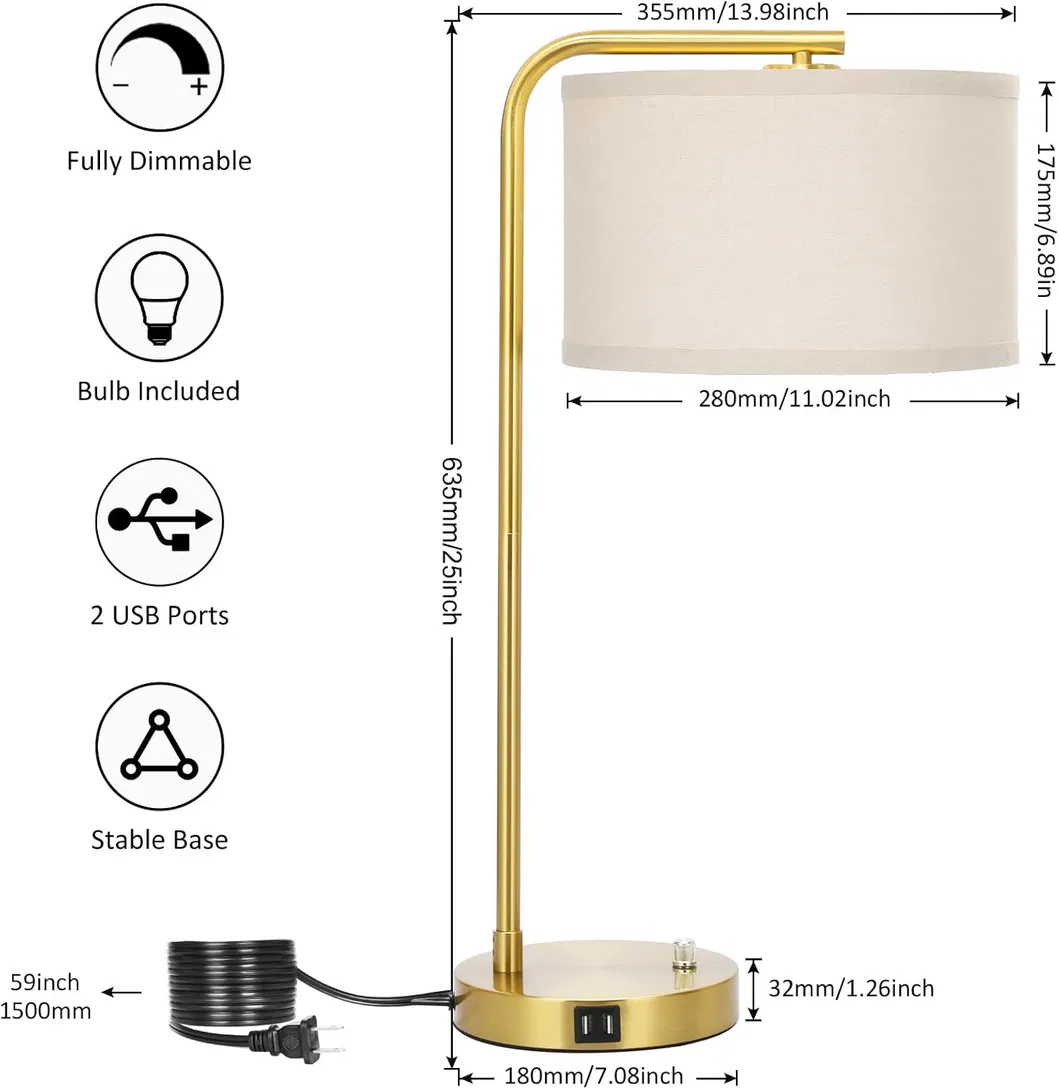 Modern USB Charging Bedside Lamp with Linen Shade